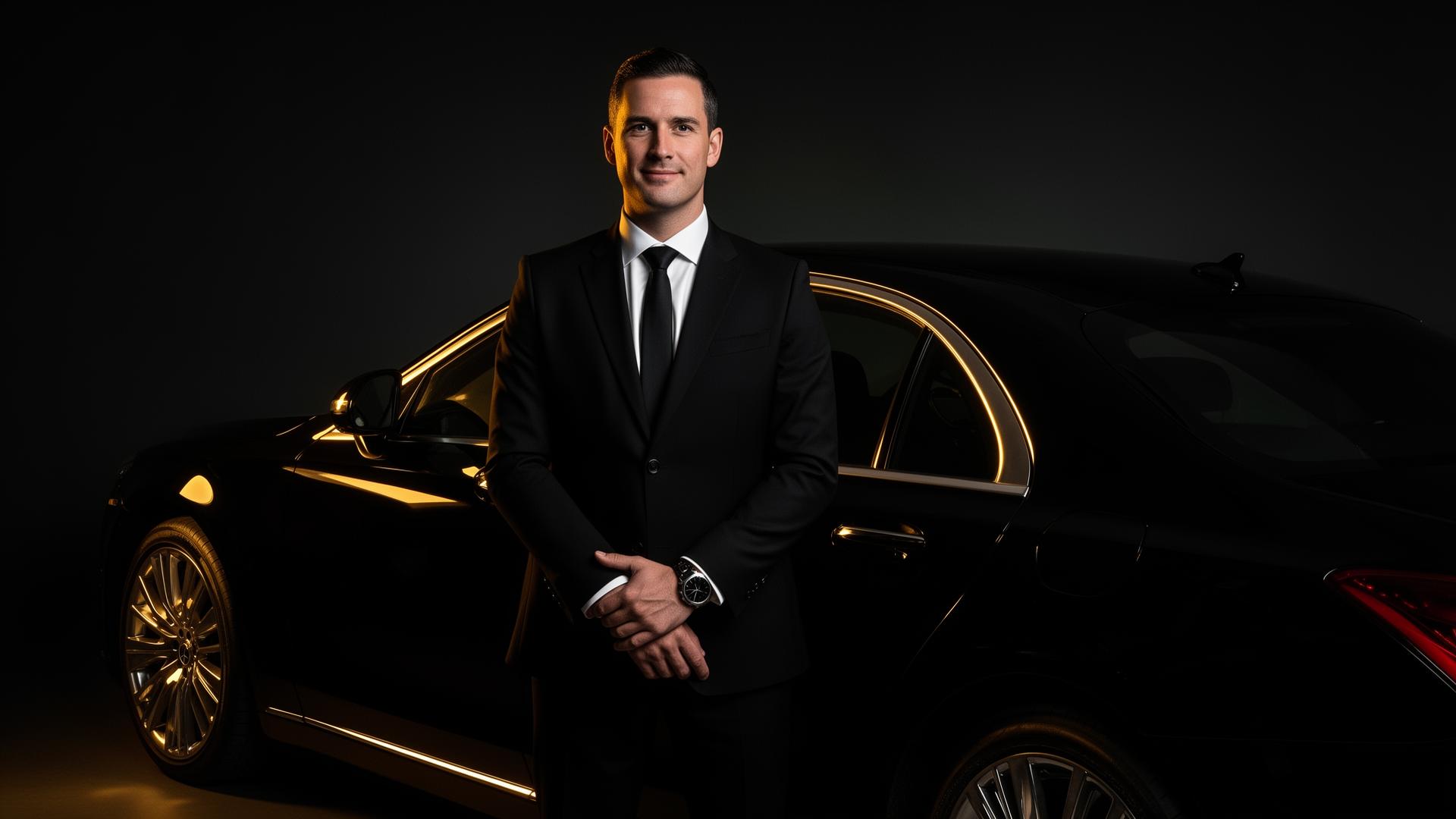 Professional chauffeur beside luxury sedan